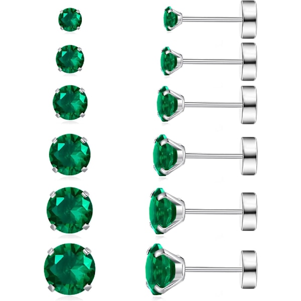 7 Par Hypoallergena Örhängen i Kirurgiskt Stål med Gänga för Brosk, Helix, Lobe | Cubic Zirconia Platt Baksida Örhängen för Kvinnor | Emerald