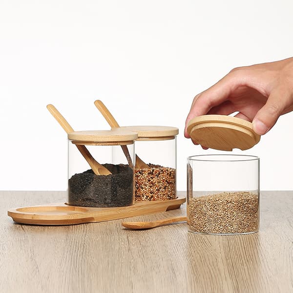 Kryddbehållare Set, gIass Kryddburkar, Salt Socker Krydda Kaffebehållare med Bambu Trälock och