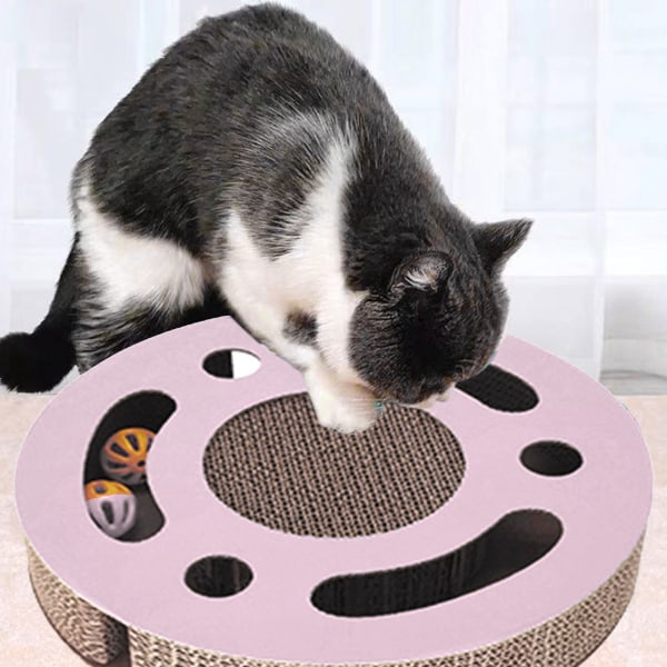 Cat Scratcher Pad Legetøj 3 i 1 interaktivt fortykket rund bølgepap killing kradselegetøj med klokkebold Pink