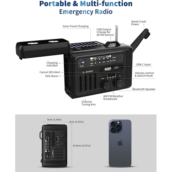Nödväderradio med vev, 8000mAh NOAA solradio med ficklampa & LED-läslampa, USB typ-C laddning, Bluetooth-högtalare, SOS-alarm Blue