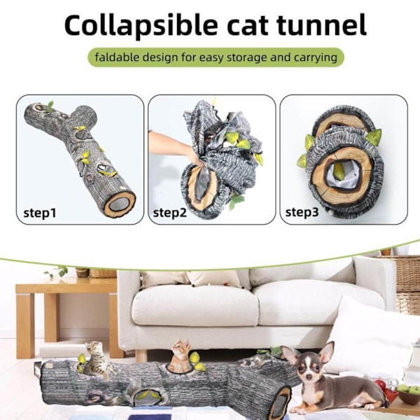 Hopfällbar tvättbar kattunnel i träimitation, interaktiv kattleksak för kattungar, valpar och kaniner