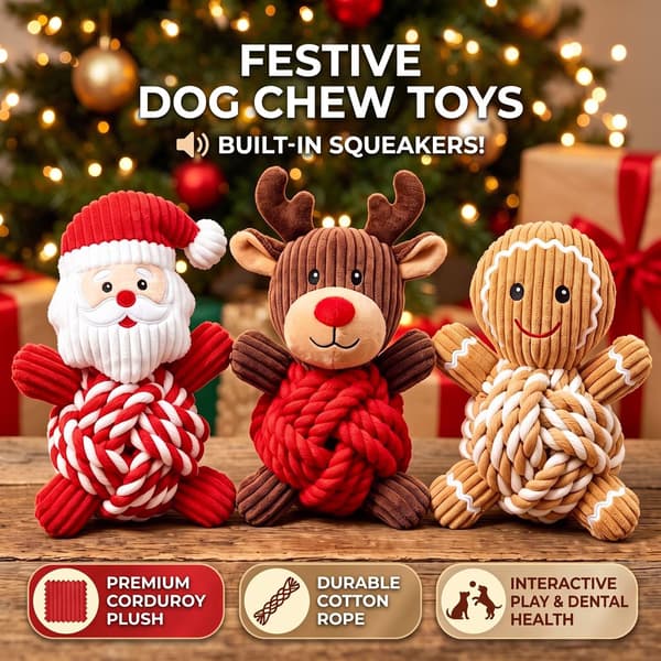 Pipande hundleksak med rep för julen, tuggleksaker som pepparkaksgubbe och tomte gingerbread man
