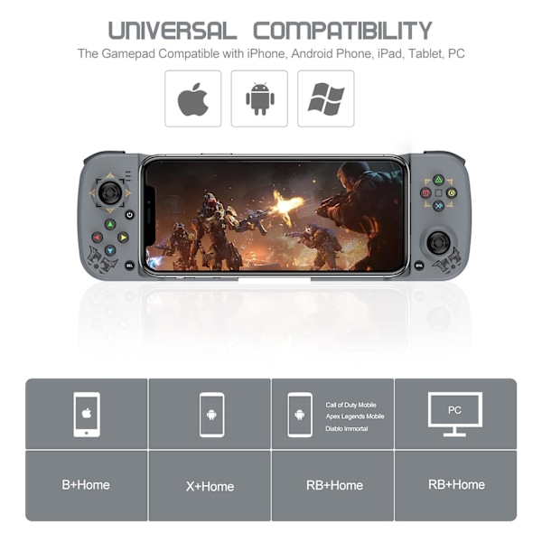 Trådlös handkontroll för Android, iPhone, Bluetooth Gamepad Joysticks för Samsung Galaxy 22/21/20, iPhone 14/14 Plus/14 Pro/14 Pro Max/13 Pro Max, COD Grey
