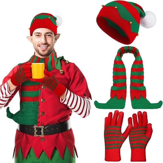 Vinter Jul Stickad Mössa Halsduk Handskar Set - Festlig Tomte/Alv Stil Varma Tillbehör för Julklappar A
