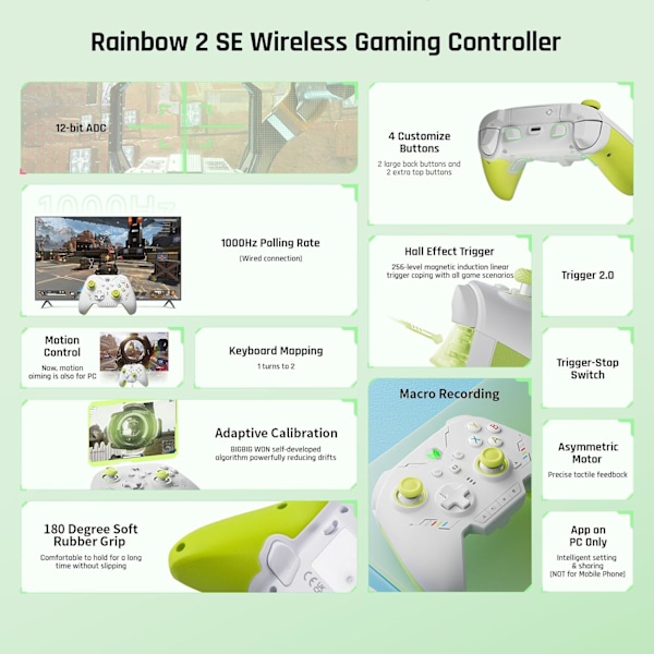 Trådløs Controller, BIGBIG WON Rainbow 2 SE, Hall Effect Trigger, 12-bit ADC, 3 Sæt Joysticks, 4-vejs & 8-vejs D-pad Controller til Switch/PC/Android/iOS Green