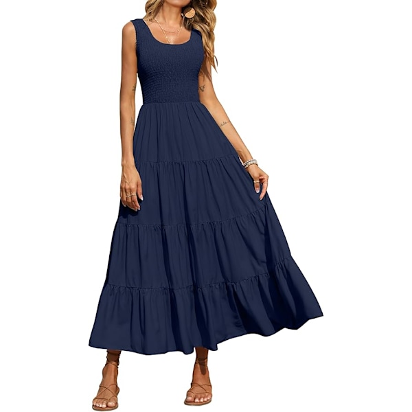 Dame 2025 Afslappet Løs Ensfarvet Maxi Sommerkjole Smock Tank Kjole Ærmeløs Sommer Strand Flæse Lang Kjole XL