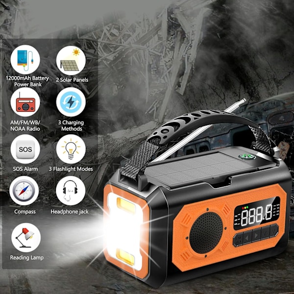 12000mAh Handvev Radio för Nödläge, AM/FM/NOAA, Multifunktionell Solcellsradio, 2 Solpaneler, USB-Laddning, Ficklampa & LED-Läslampa, SOS-Alarm Orange