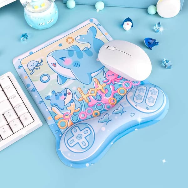 Sød Haj Musemåtte, Kawaii Anime Pastel Blå Ocean Undervands Design Musemåtte, Blød Polstret Håndledsstøtte, Skridsikker Måtte til Gaming