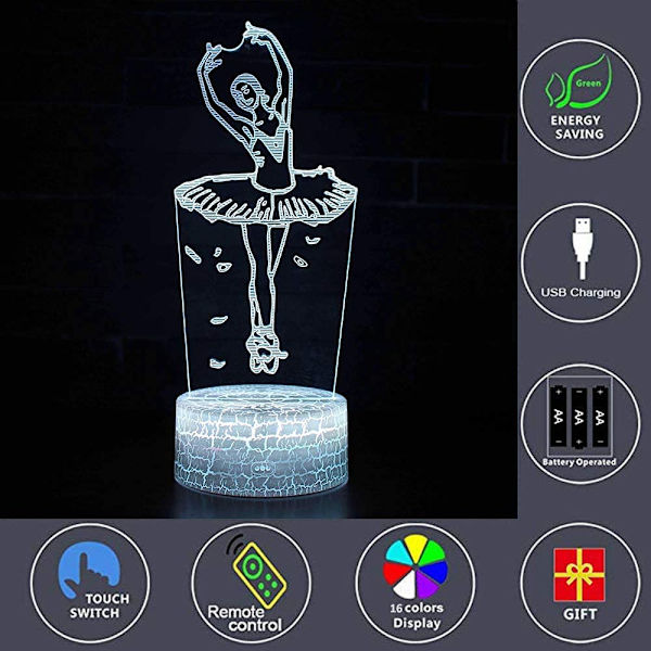 Balett Ballerina 3D LED Optisk Illusion Dekoration Bordlampa 16 Färger Fjärrkontroll Akryl Visuell Nattlampa Påsk Jul Födelsedagspresenter för Dan