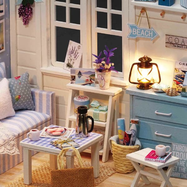 Diy dockhus Miniatyrdockhus Träleksaker för barn Födelsedagspresent Blue
