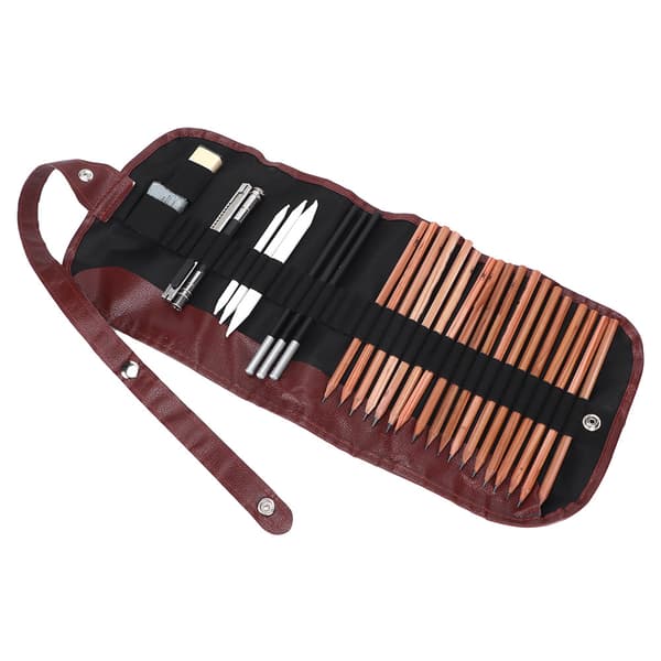Sæt med tegneværktøjer, viskelæder, blyantholder, blyantspidser og forlænger