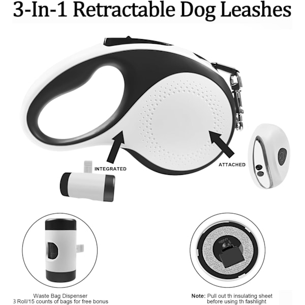Inntrekkbar hundekobbel med avfallsposebeholder og lommelykt, 16 fot hundekobbel for små mellomstore hunder opptil 66 pund, en knappbryter og lås, 360° floke F 16ft white Large