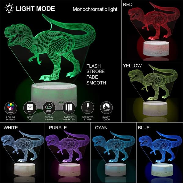 3D Dinosaur Optisk Illusjon Nattlys 16 LED Farge Changi
