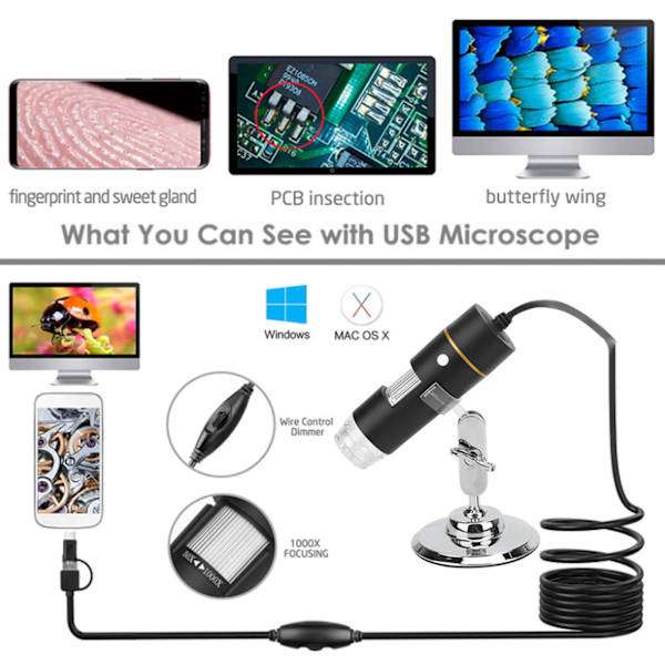 300.000 pixels digitalt mikroskop USB HD 1000X PCB forstørrelsesglas med 8 LED-lys og mikroskopstativ