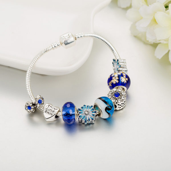 Dam Charm Armband, Blått Blommigt Pärlarmband