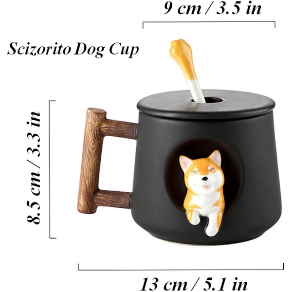 Söt Hundpar Koppar, Keramisk Kaffekopp med Lock, Söta Tassar på Toppen av Skeden, Söt Shiba Inu Tredimensionell Design, med Matt Textur White Head
