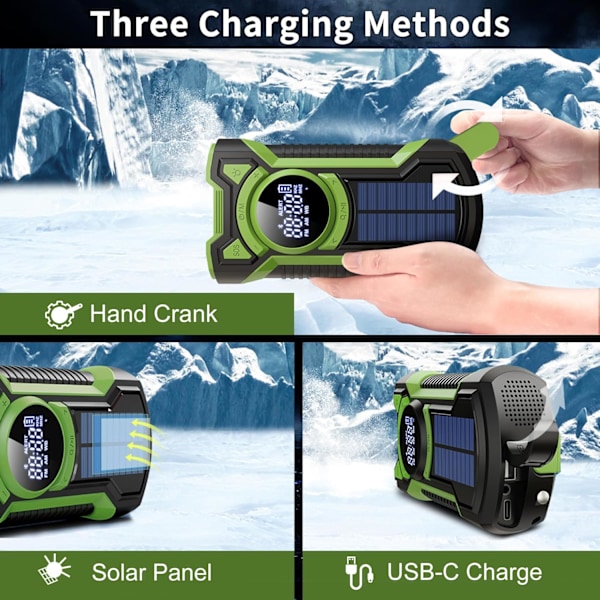 Nødvejrradio, Vandafvisende Bluetooth Bærbar AM/FM/NOAA Vejrradio, 5000mAh USB Håndsving Solradio, Telefonoplader, Lommelygte, SOS Green