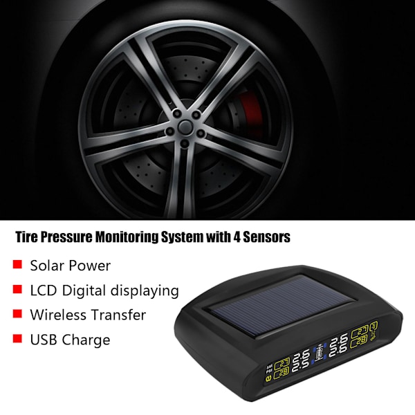 Trådlöst solenergidrivet TPMS-däcktrycksövervakningssystem med 4 externa sensorer