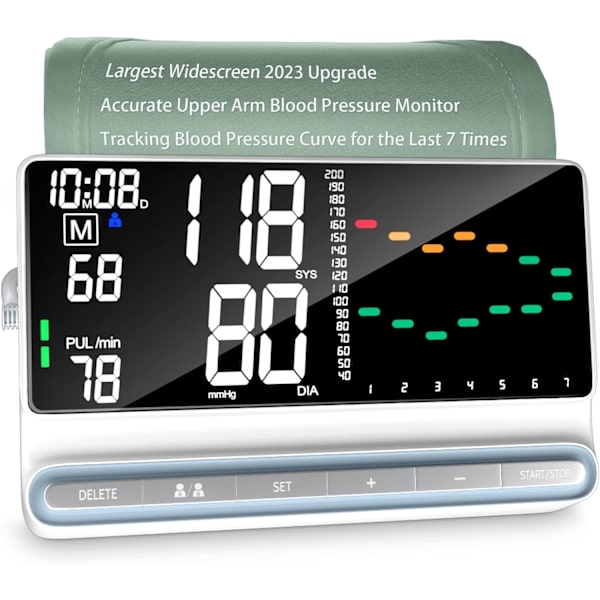 Exakta blodtrycksmätare 2023, Smart Track AVG BP-kurva och största widescreen LED-display, justerbar blodtrycksmanschett, smart blodtrycksmätare M