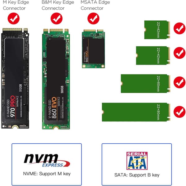 3 i 1 M.2 og mSATA SSD-adapterkort til M.2 NVME/NGFF SSD til PCIE-adapter, mSATA til SATA-adapter med aluminiumkøleplade til Windows, Mac og Linux O