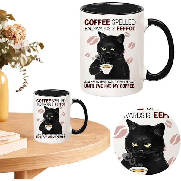Sort Kattekrus, Kaffe Stavet Baglæns Er Eeffoc Krus, Katteelsker Kaffe Krus 11oz, Sjove Katte Nyhedsggaver Til Kvinder Mænd, Keramisk Tekop Til Kaffe, Te Style 2