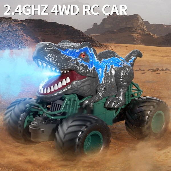 2,4 GHz Dinosaur Fjernkontrollbil Leker for Barn Gutter, RC Dinosaur Bil Leker med Lys, Lyd, Spray, Innendørs Utendørs RC Bil Leker Gaver for Gutter