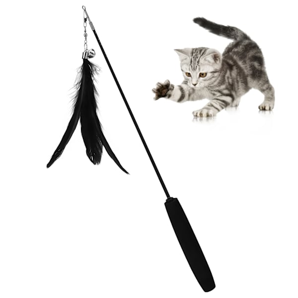 Kattpinne leksak med bjällror ljudande kattfjäderpinne teleskopisk pinne för inomhuskatter som leker Black