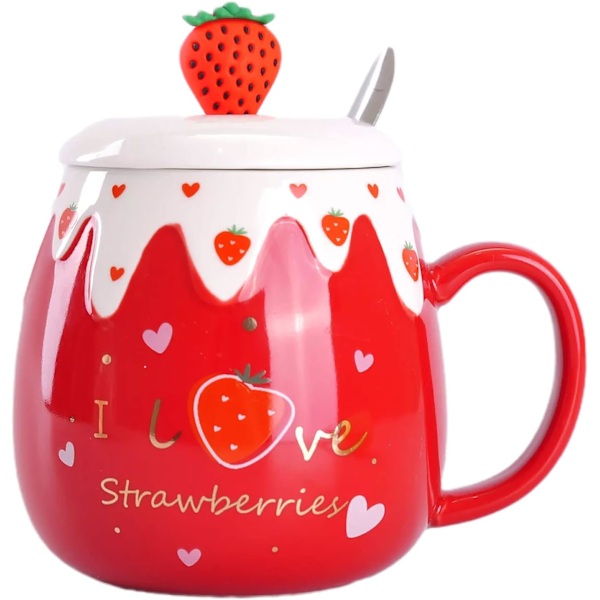 Röd Kaffekopp Mugg för Kvinnor, Jordgubbsmönstrad Koreansk Söt Keramisk Frukostkopp med Lock och Sked – 450ml/15oz