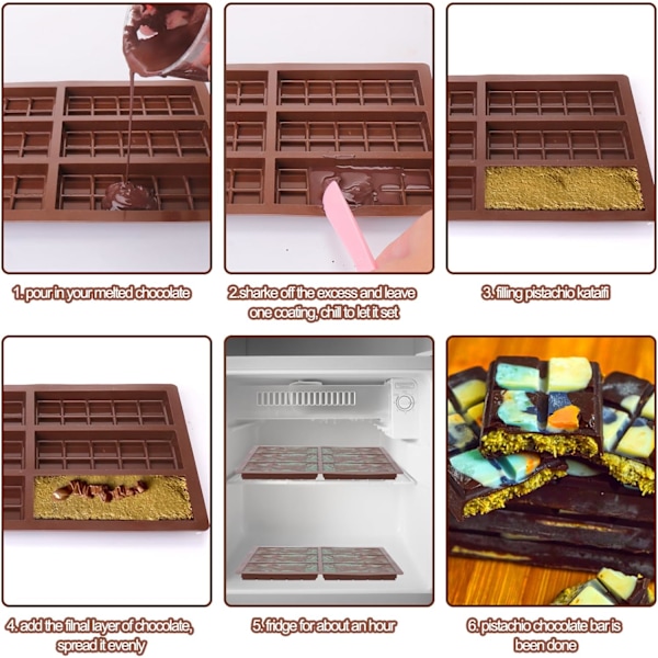 Chokoladebarform Dyb, Tyk Silikon Chokoladebarform til Fyldte Barer, Rektangulære Knafeh Pistacie Chokoladebarforme med 100 stk. Opbevaringsposer Rectangular