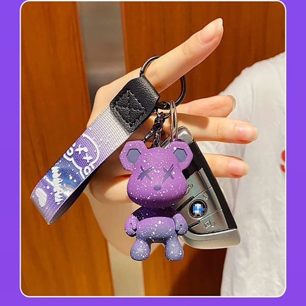 Söt färgskiftande björn nyckelring för män, kvinnor, pojkar och flickor - Kreativ flätad rep harts djurhänge i metall Purple