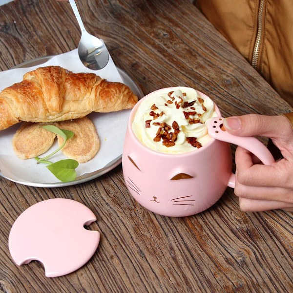 Katt Krus Søt Kaffekrus gave til katteelskere Keramisk Kopp, Nyhet Krus med Lokk og Rustfritt Stål Skje, Jule Bursdagsgaver P Pink