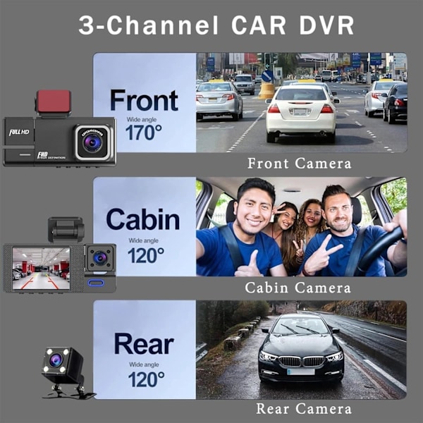 Dash Cam Front Inside Rear 1080P FHD til biler, tre linser 2 tommer display biloptager med 170 ° ultra vidvinkel, understøtter 128G, infrarød nattesyn