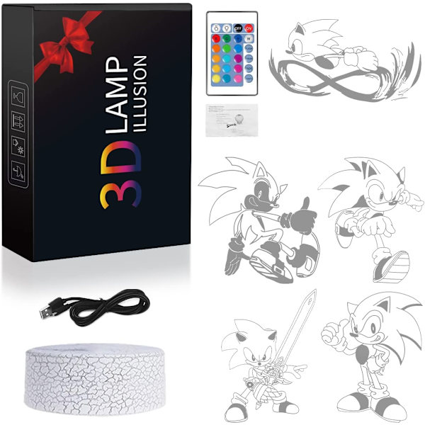 Sonic The Hedgehog 3D Illusionslampa, 5 Mönster och 16 Färger som Byter med Fjärrkontroll Akryl LED Nattlampa, Sonic The Hedgehog Leksaker för Pojkar