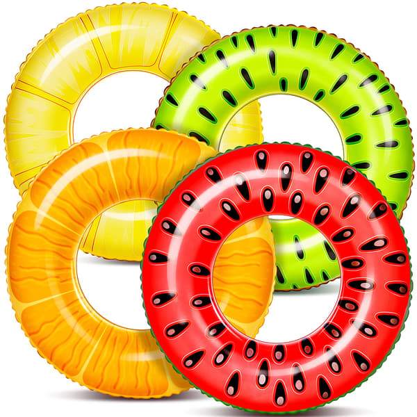 Mångsidig 4-pack uppblåsbara ringar för familjepoolfester, simringar och strandleksaker, rolig sommardesign Fruit