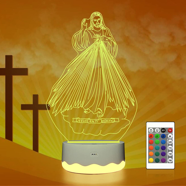 Jesus 3D Night Light,  LED Illusion Hologram Lamp 16 Color Changing with Remote Control + Timer + Warm White Light, Best Birthday Christian Gift