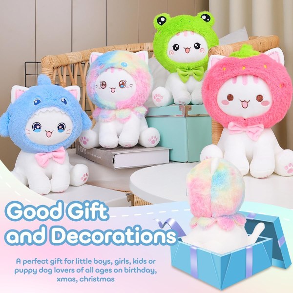 Söt Jordgubbs-Katt Plyschleksak 10\" Kawaii Kattunge Fylld Djur, Katt Jordgubbe Plushie Kudde Present till Barn Strawberry Cat