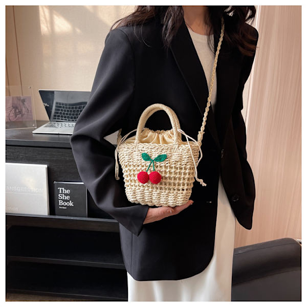 Lille halm spand tasker til kvinder sommer crossbody tasker dame rejse pung og håndtasker kvindelige skulder messenger taske White cherries