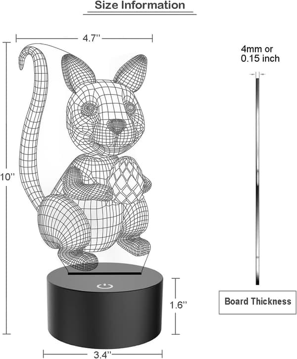 Ekorns 3D Illusionslampe Berøringsfølsom LED Nattelys