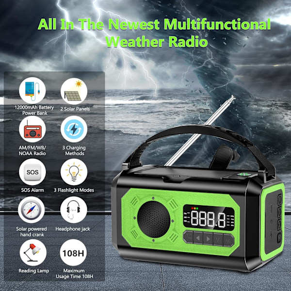 12000mAh Käsikäyttöinen Hätäradio, AM/FM/NOAA, Monitoiminen Aurinkoenergialla Toimiva Radio, 2 Aurinkopaneelia, USB-Lataus, Taskulamppu & LED-Lukuvalo, SOS-Hälytin Green