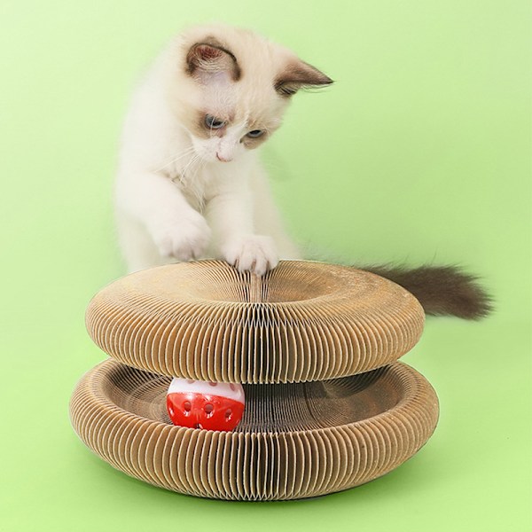 Kattklösbräda med intressant orgelform, magnetisk kattslipklo, kattklösbräda med mörkt träkorn, kattunge, orgel, kattklösbräda