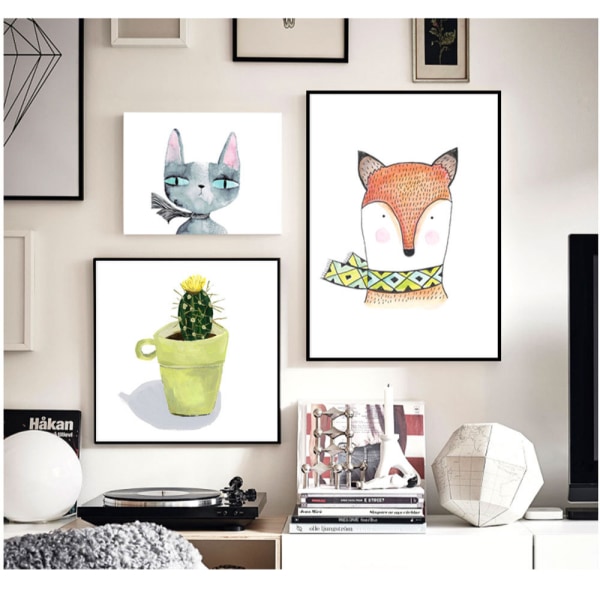 Räv och katt väggkonst Canvas Print affisch, enkel söt akvarellkonstteckning dec