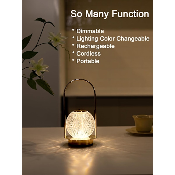 Sladdlös lampa Kristall Batteridriven lampa, Nattlampa för vardagsrum, sovrum, barnrum, utomhus, restaurang, nattduksbord, trådlös laddningsbar dimbar