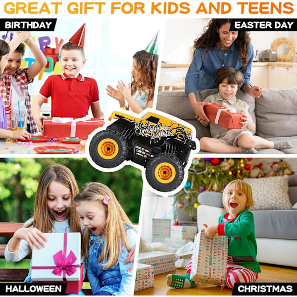 Fjärrkontrollbil, 2,4 GHz terränggående monstertruckleksaker, RC-lastbil med musik, 3 ljuseffekter, 360 stuntförmåga, leksakspresenter till pojkar och flickor Yellow