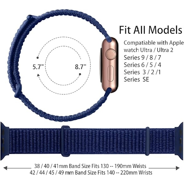 Urheilullinen nylonlenkkiranneke yhteensopiva Apple Watch -rannekkeiden 44/45/46/49 mm kanssa, naisille ja miehille, IWatch Series SE 9/8/7/6/5 -sarjoille Navy Blue