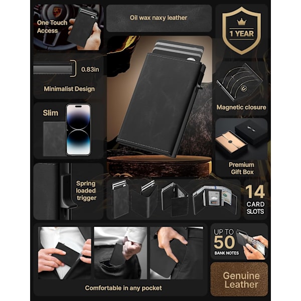Plånbok för män med kortfodral: Pop-up aluminiumfodral, premium äkta läder, smart, RFID-blockering, slimmad, minimalistisk, framficka - Kapacitet för 9-14 kort | I ‏‏‎ ‎‎Black