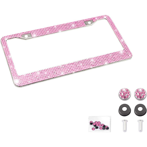 Bling Bilskilt Ramme, Håndlavet Krystal Rustfrit Stål, Funklende, Holdbar, Universal Pasform, Biltilbehør til Piger, Kvinder (Pink) Pink