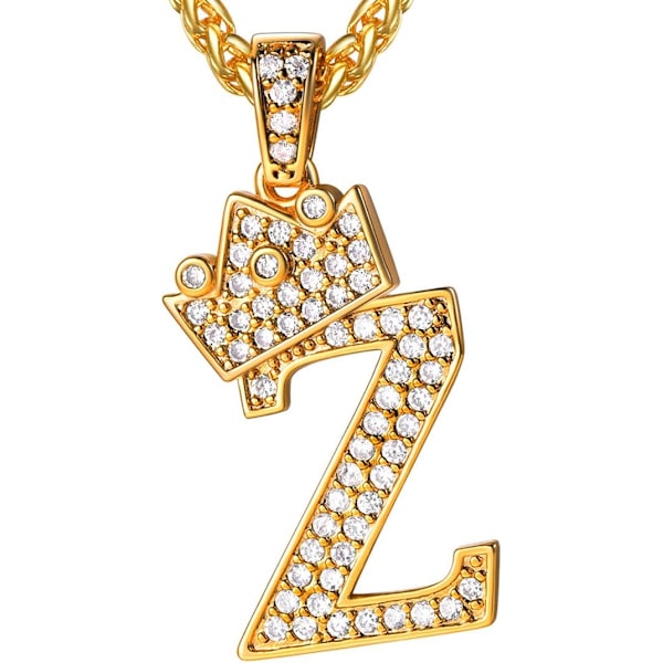 Krone Initial A-Z Halskæde, Iced Out Bogstav Vedhæng med 22-24 Tommer Kæde, Mænd Kvinder Bling Hip Hop Alfabet Navn Smykker Gave Store Initialer Halskæder Z 18K Gold