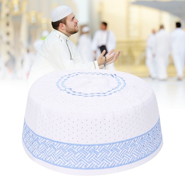 Polyester blandet bomuldsklæde muslimsk bønnehue islam mand broderi hue (blå 57cm)