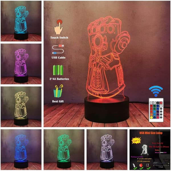 3D Natlampe, Thanos Handsker 3D Illusionslampe, 16 Farver Cha