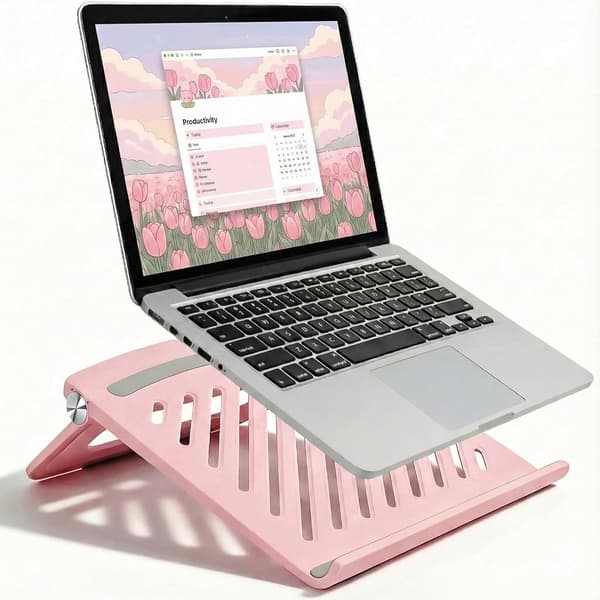 Søtt Justerbart Laptopstativ - Sammenleggbart Ventilert Robust Skrivebordstativ, Sklisikkert for MacBook Hjemmekontor, Gave til Kvinner Pink